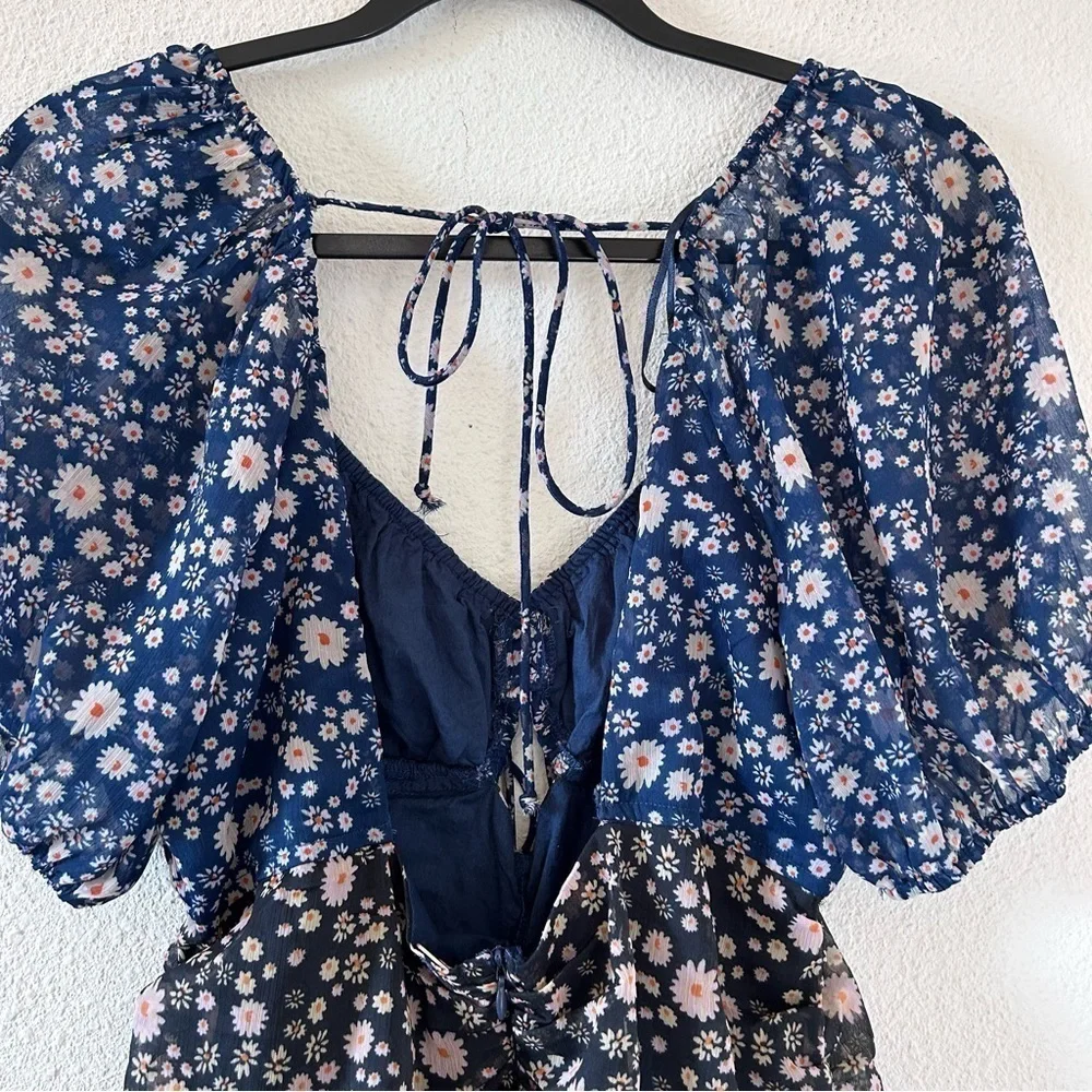 Free People Women’s Dress Medium Blue Gray Dixie Floral Print Off Shoulders Date
